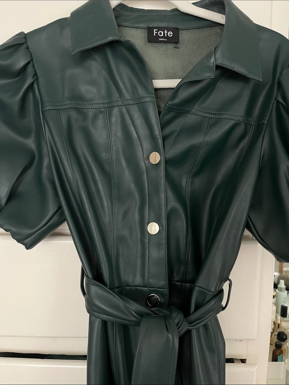 Fate Dark Green Faux Leather Mini Dress with Tie Waist - Picture 2 of 2